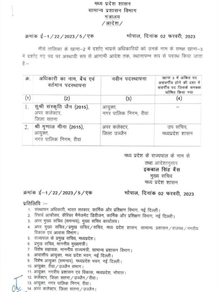 Transfer MP दो IAS अधिकारियों की नई पदस्थापना, सतना और रीवा के अधिकारी बदले गए